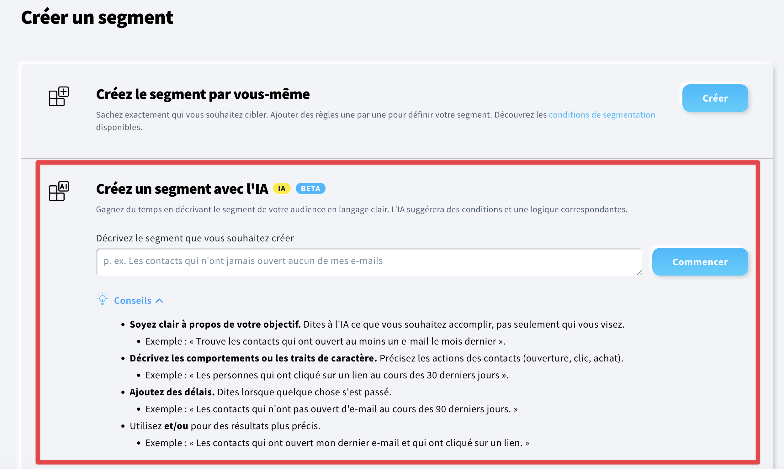 L’option « Créer un segment avec l’IA » dans le menu « Segments (BETA) ».