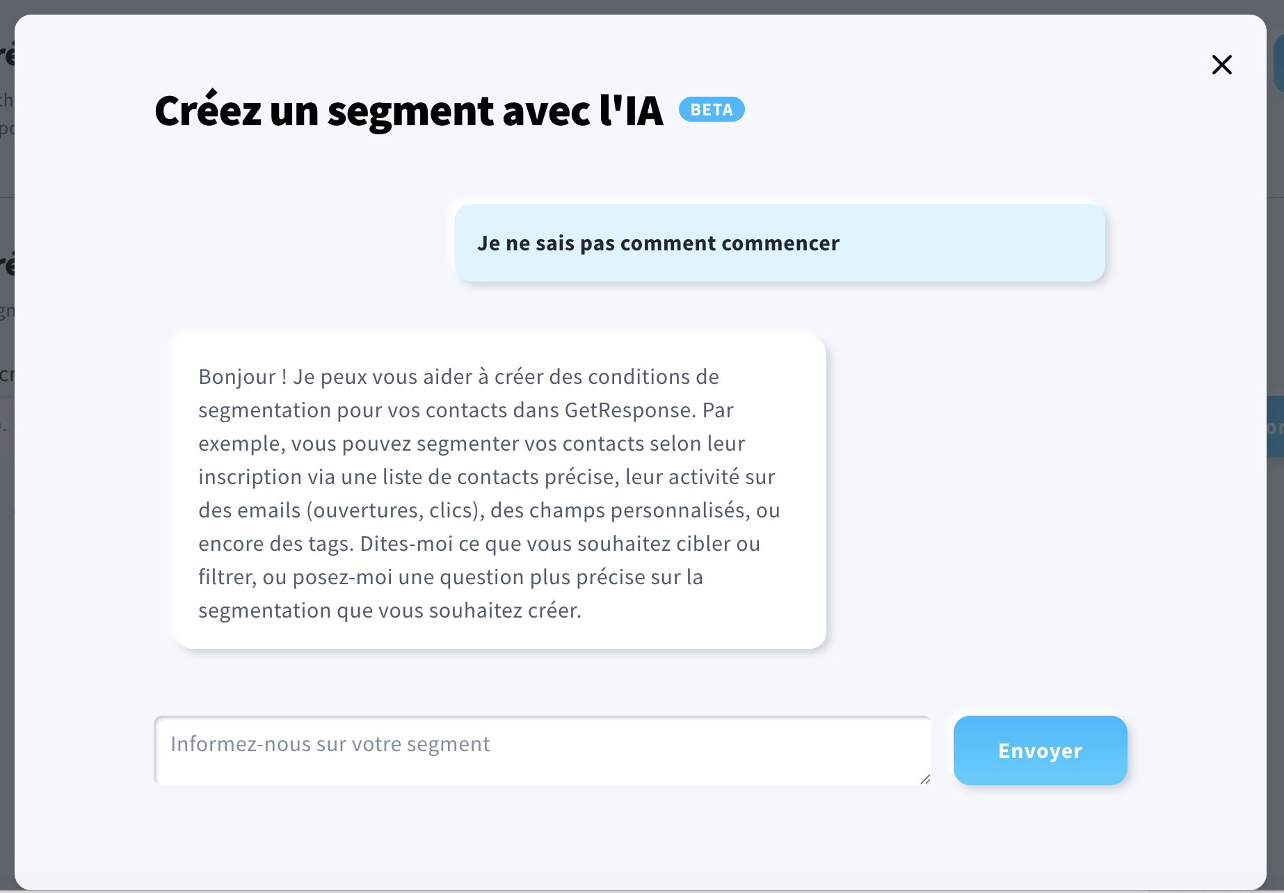 Une fenêtre contextuelle qui s’affiche lors de la création d’un segment avec l’IA.