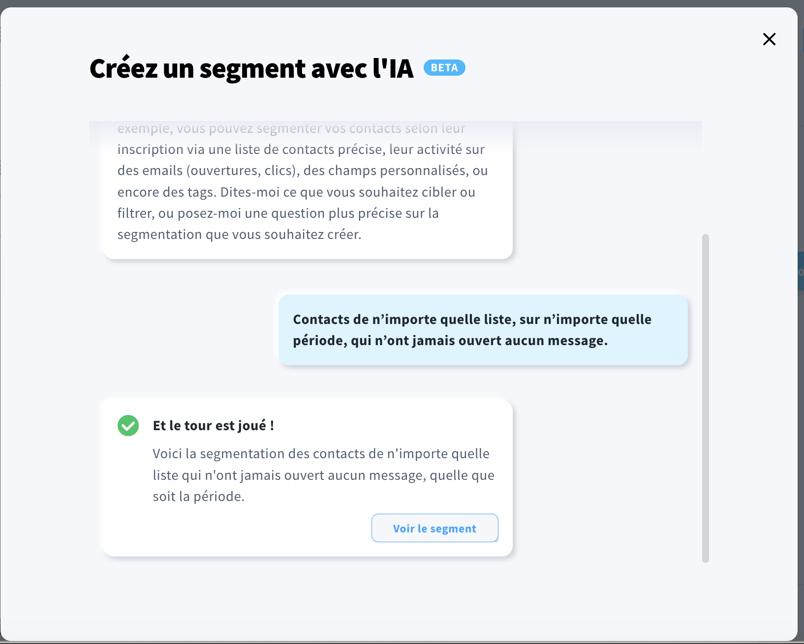 Une fenêtre contextuelle qui s’affiche lors de la création d’un segment avec l’IA, affichant la génération du segment terminée.