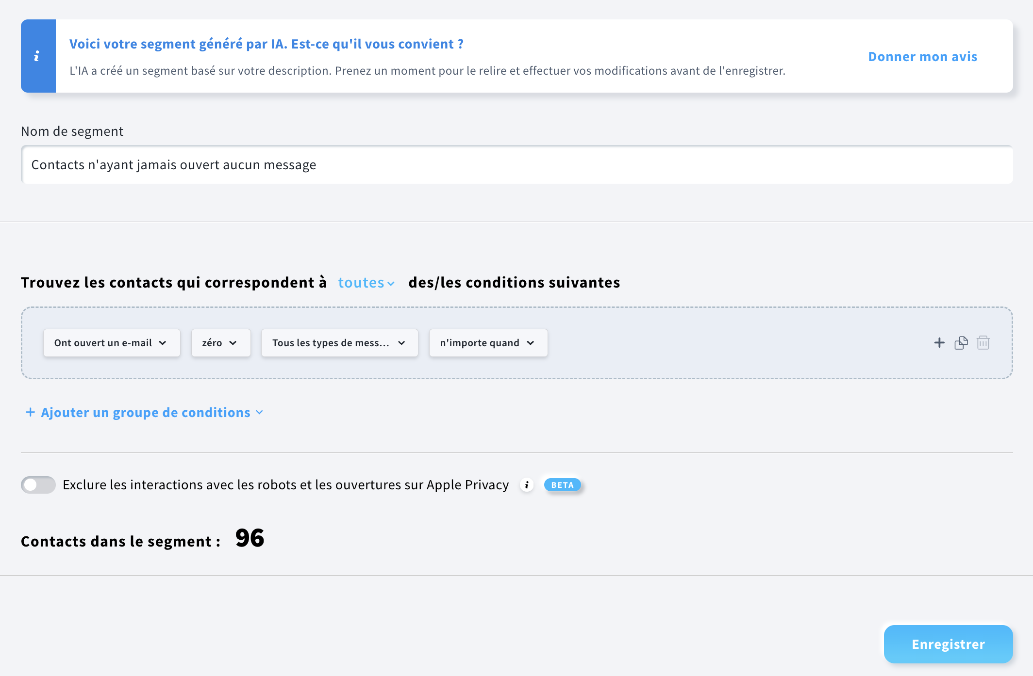Une page d’édition de segment qui permet d’ajuster le nom du segment et la logique des conditions.