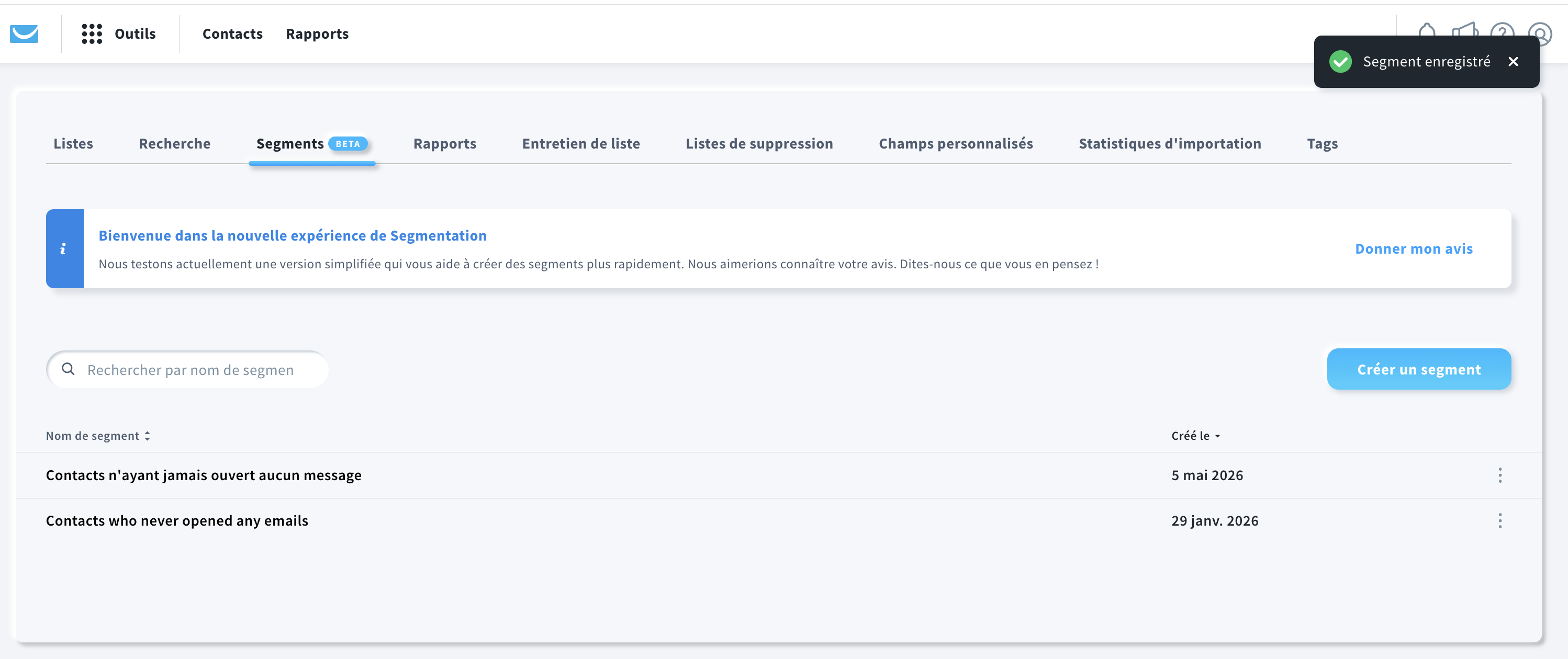 Vue « Gérer les segments (BETA) » après la création réussie d’un segment avec l’IA.