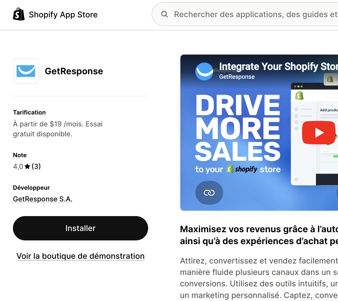 Bouton Installer dans Shopify.