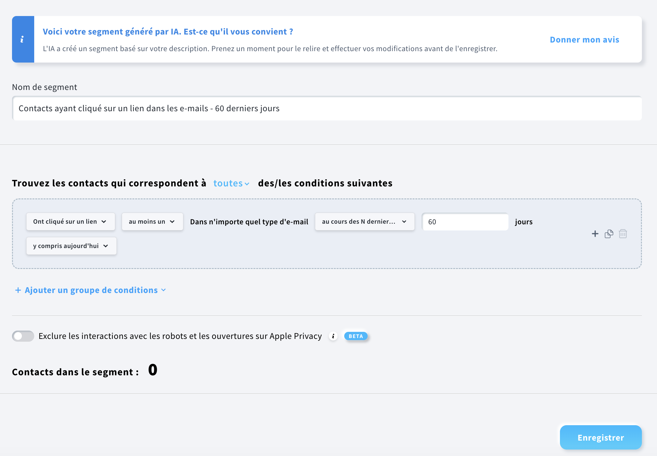 Segment de contacts ayant cliqué sur au moins un lien dans l’un de mes e-mails au cours des 60 derniers jours.