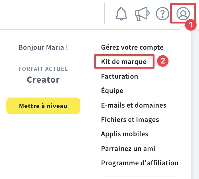 Comment trouver la fonctionnalité « Brand kit » sous l’icône de profil.