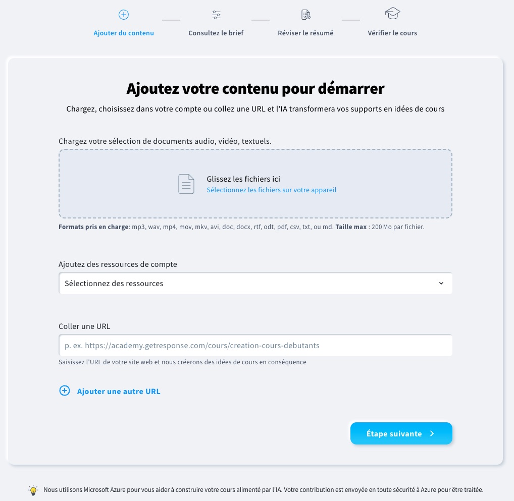 Présentation de la section Ajouter du contenu de l’assistant de cours d’IA
