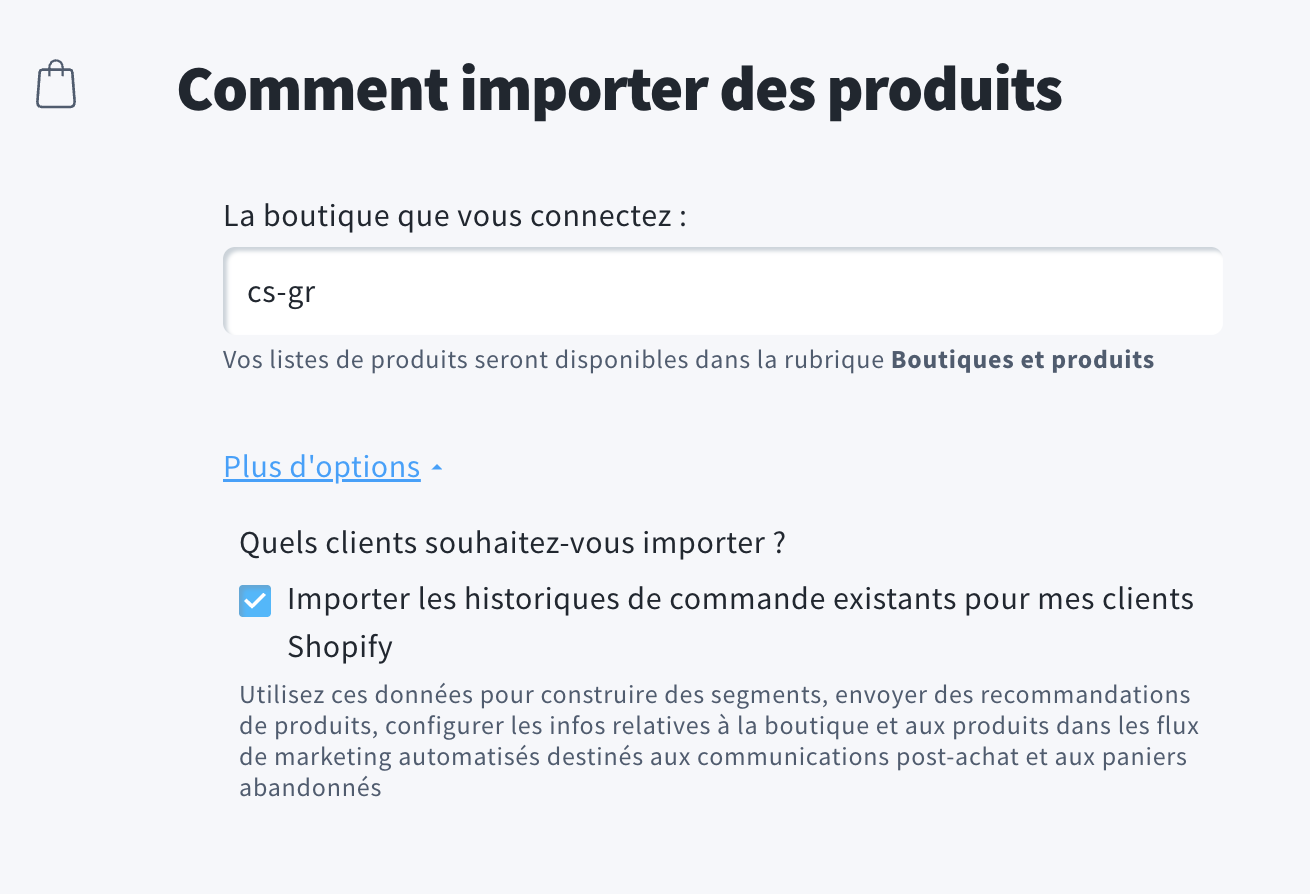 Sélection de la boutique dans l’intégration Shopify.