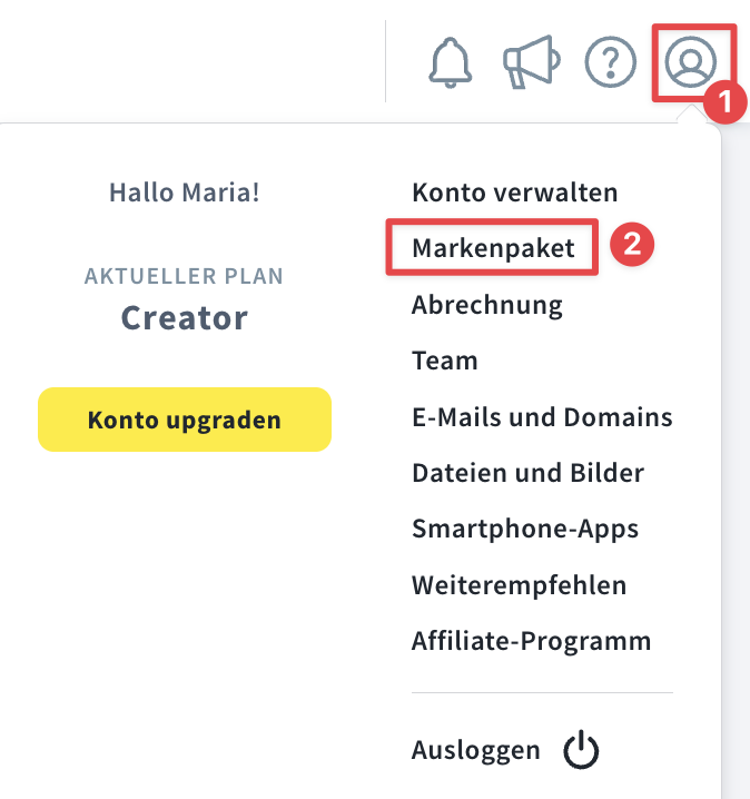 So finden Sie die Brand‑Kit‑Funktion unter dem Profilsymbol