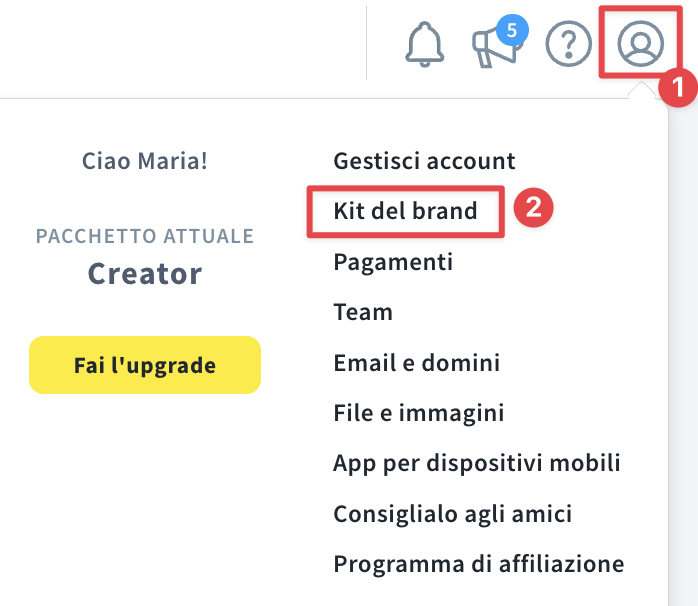 Come trovare la funzione “Kit del marchio” sotto l'icona del profilo.