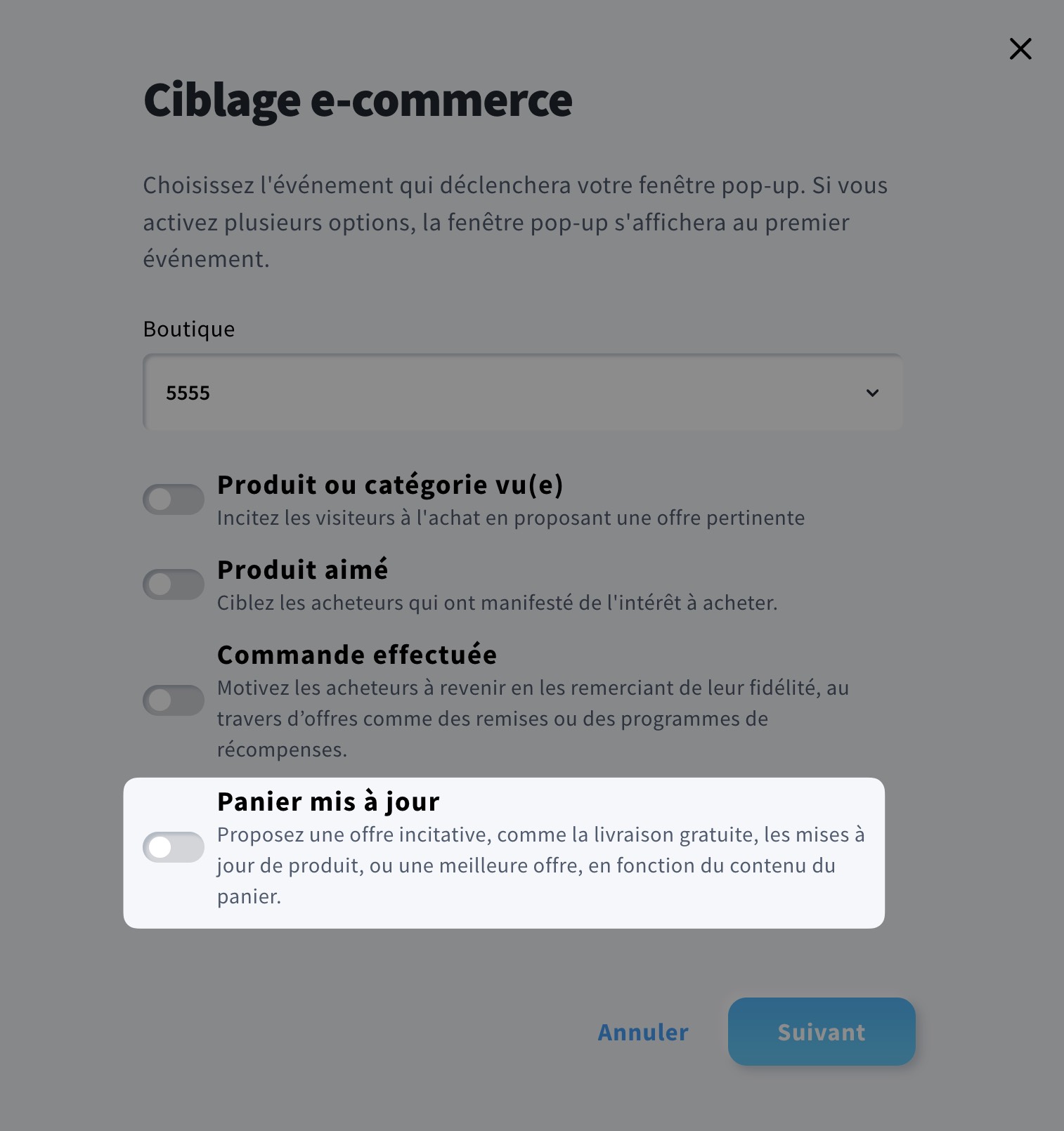 Afficher une fenêtre contextuelle en fonction de la mise à jour du panier