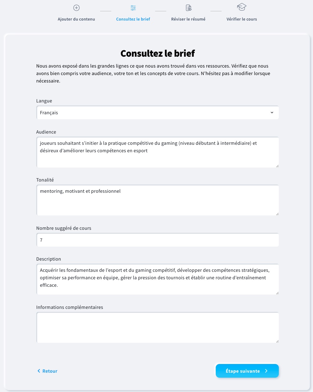Aperçu de la section Vérification rapide dans l’assistant de cours d’IA