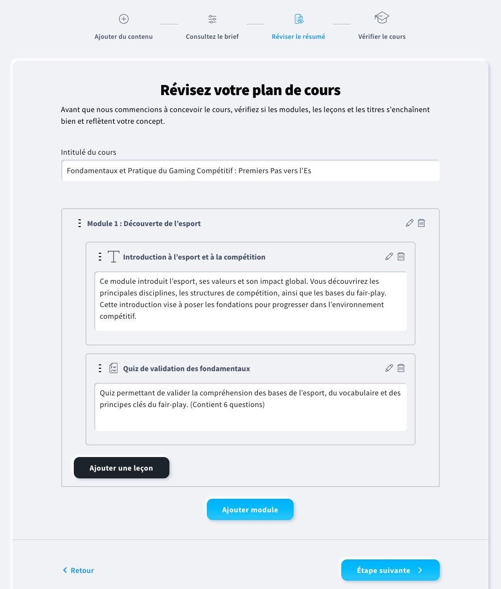 Aperçu de la section Plan de révision dans l’assistant de cours d’IA