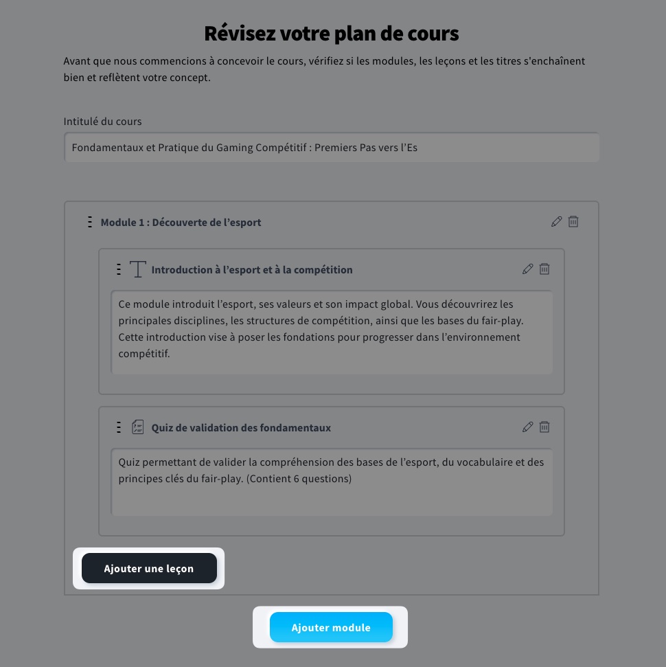 Boutons Ajouter une leçon et Ajouter un module