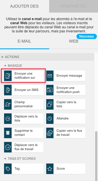 Action d'envoi de notification mobile dans un flux de travail
