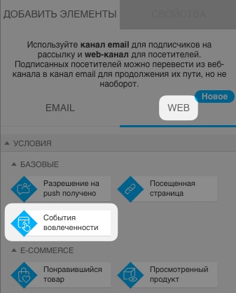 Раздел автоматизации веб-каналов с условием «События взаимодействия», выбранным в разделе основных условий веб-канала.