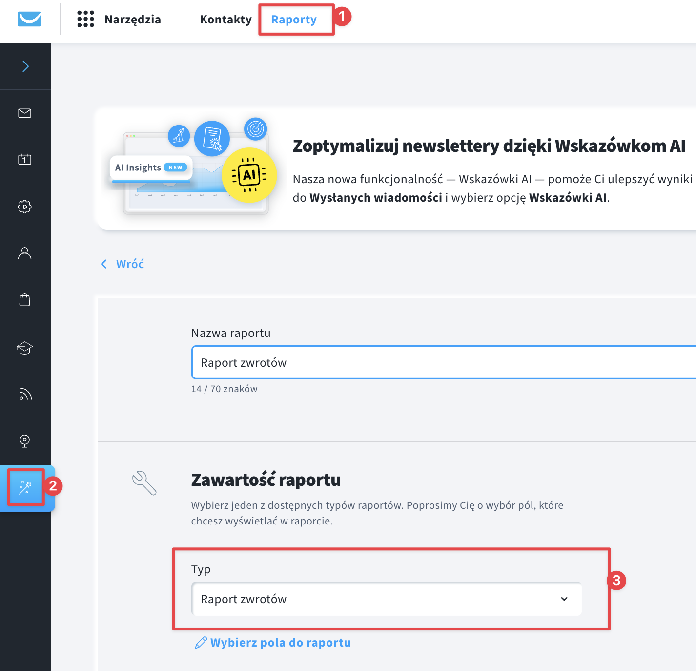 Jak wygenerować raport zwrotów we własnych raportach w GetResponse.