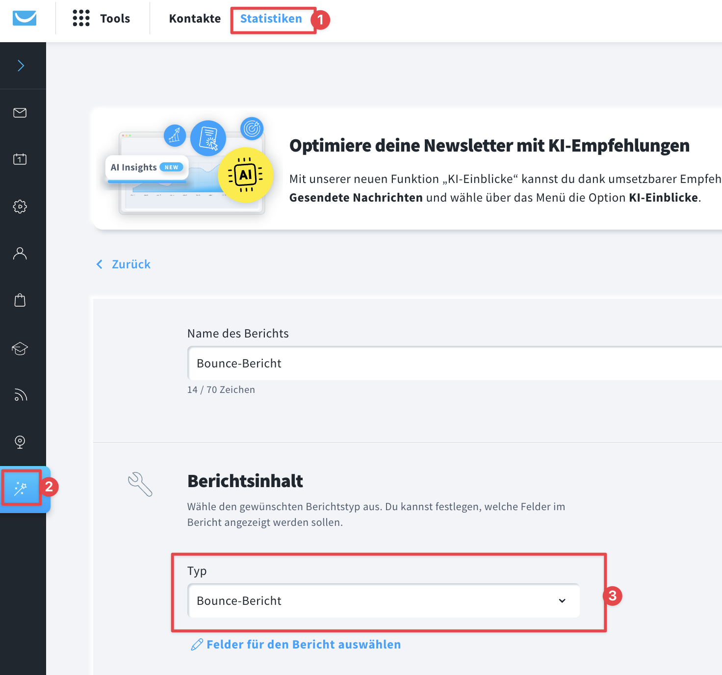 So finden Sie eine Liste der Bounce-E-Mails in benutzerdefinierten Berichten.