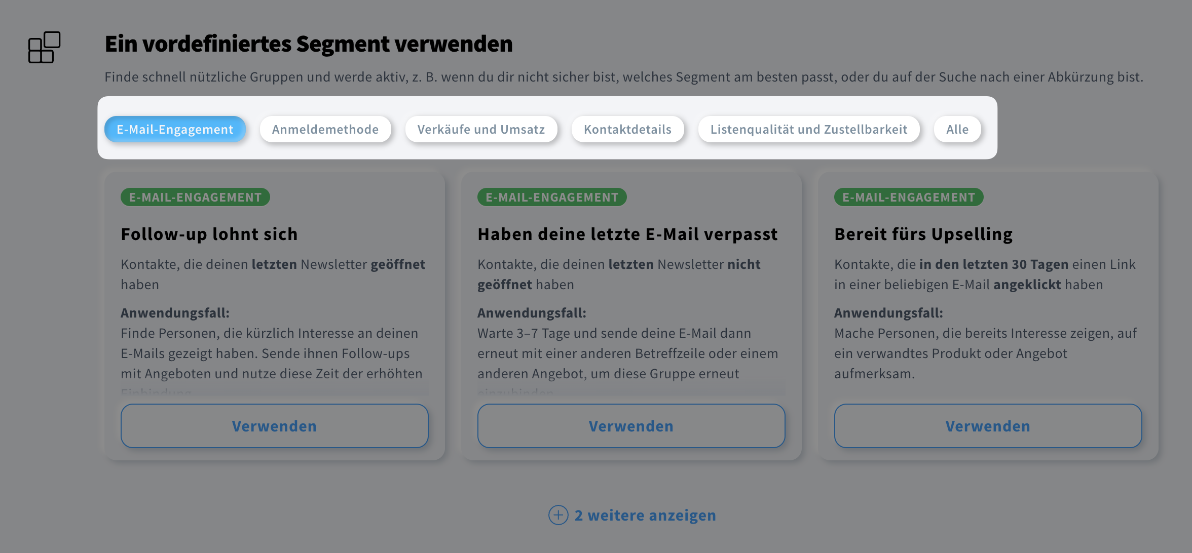 Auswahl der Kategorie für vordefinierte Segmente