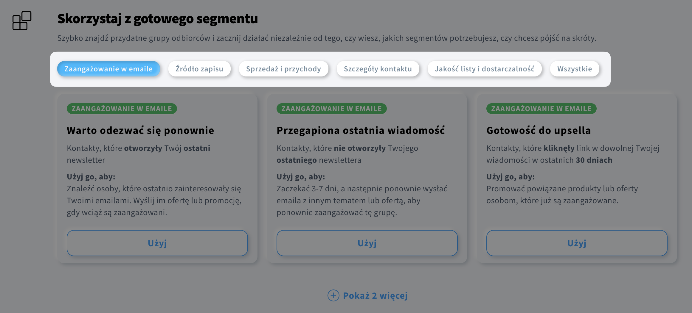 „Kategorie” gotowych segmentów w nowej wersji segmentacji.