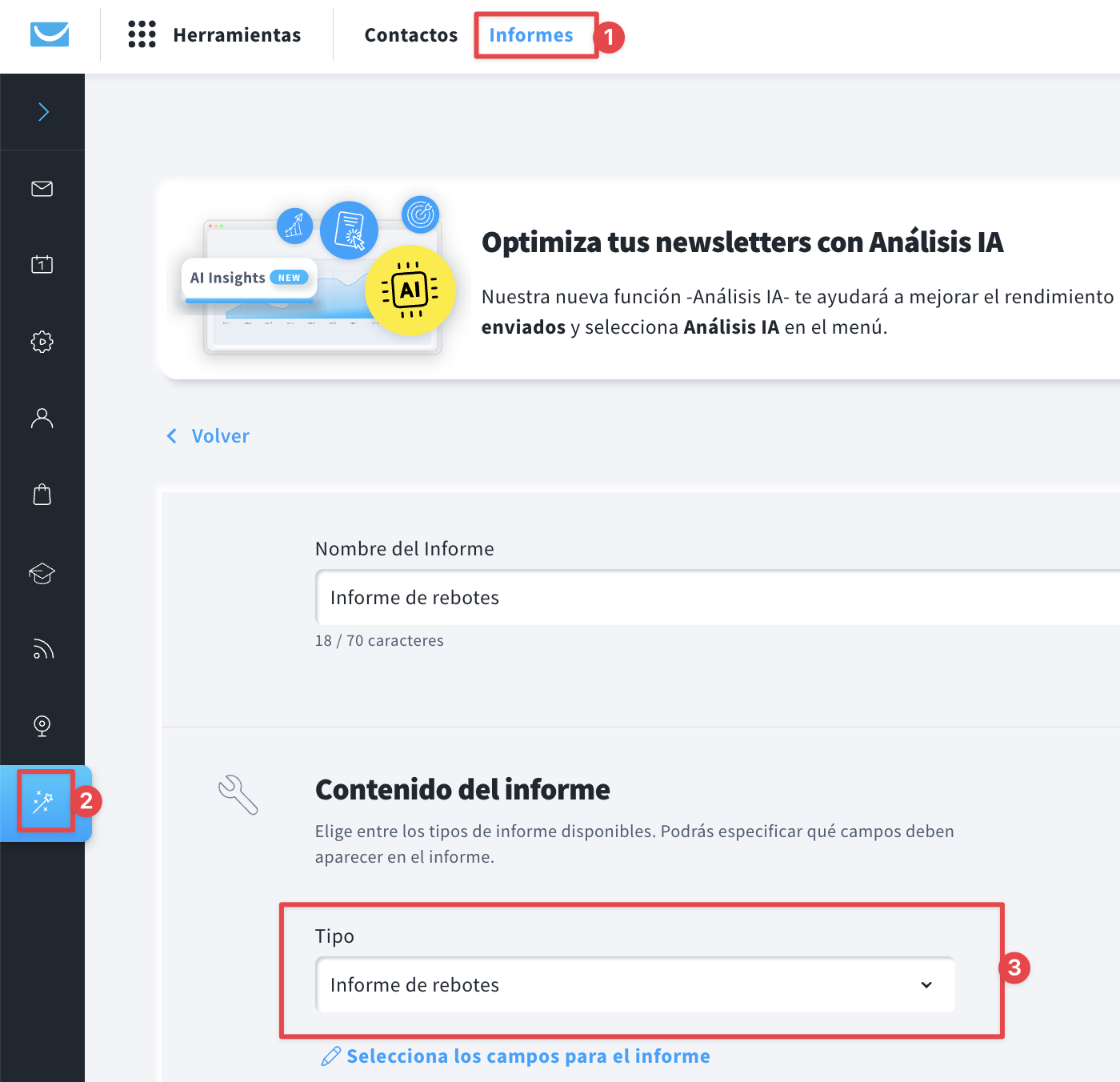 Cómo encontrar una lista de correos rebotados en los informes personalizados.