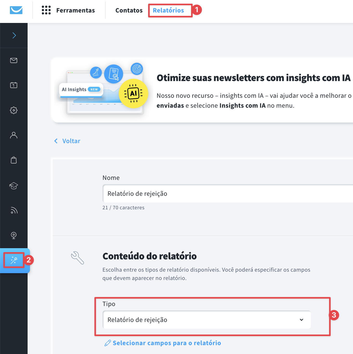 Como encontrar uma lista de e-mails com bounce nos relatórios personalizados.