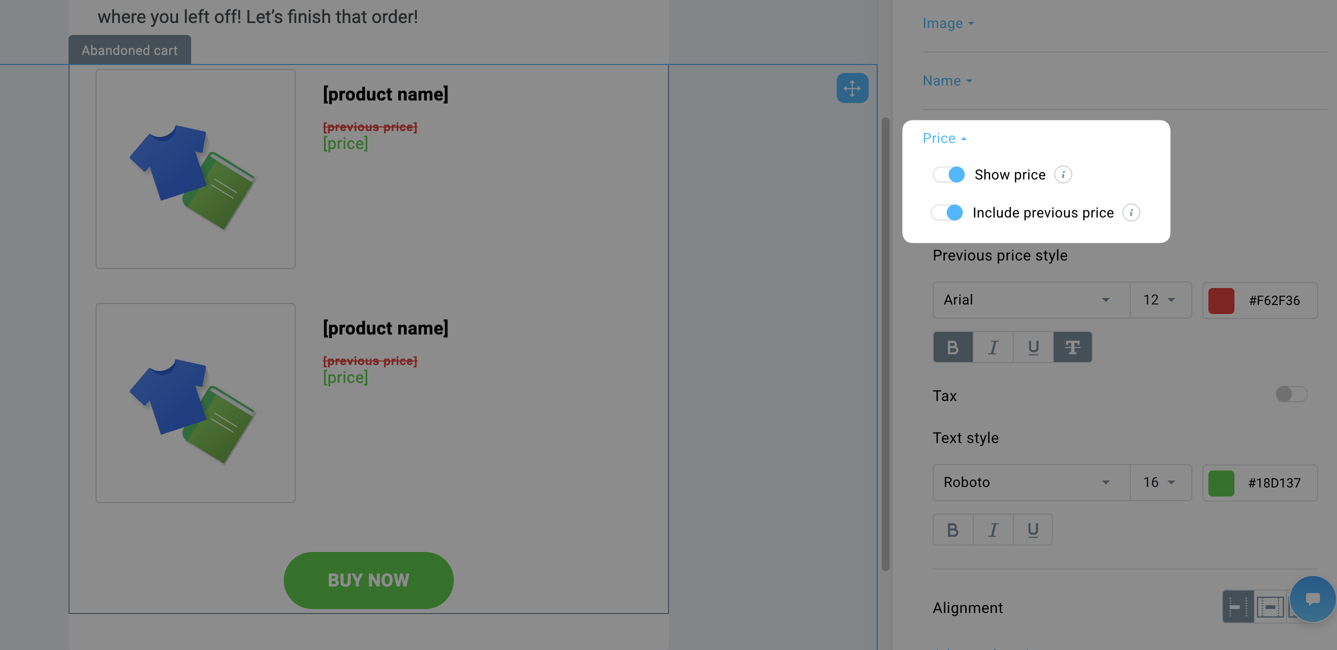 Show price and Include previous price toggles in the editor of Ecommerce Campaigns in GetResponse.