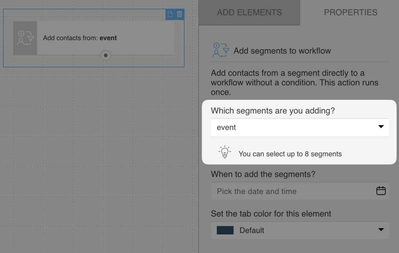 Settings of the Add segments to workflow actions showing a dropdown menu with segment selection.