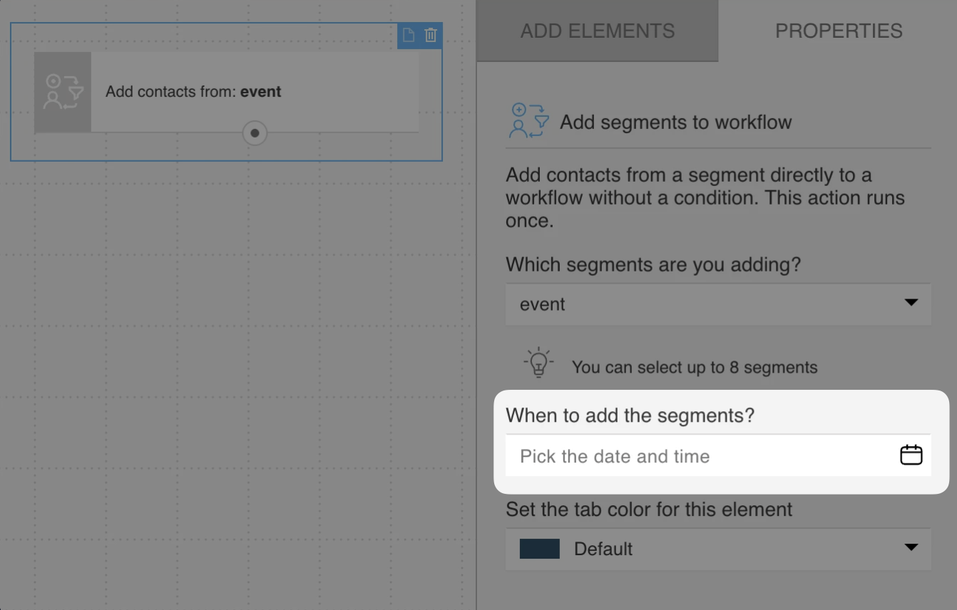 Date picker in the settings of the Add segments to workflow action.