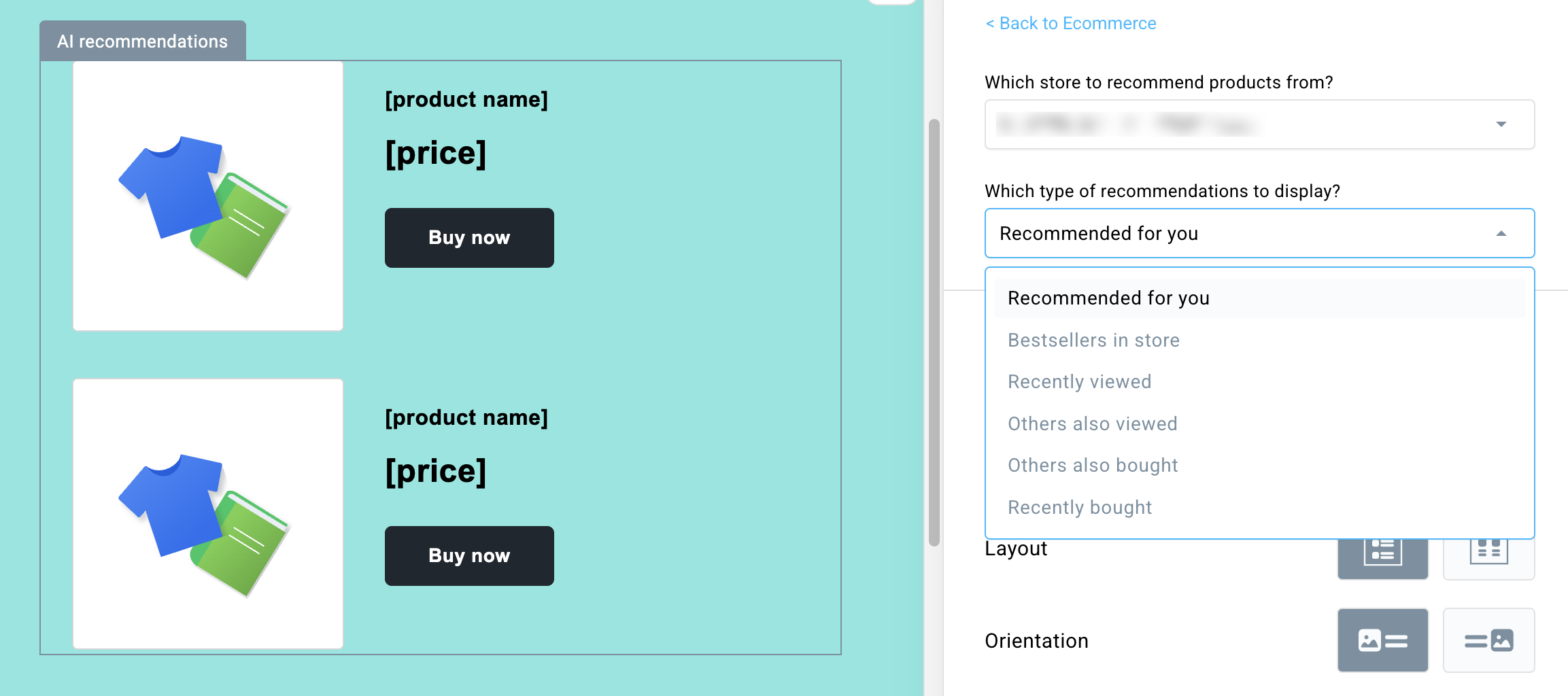 Store and recommendations model selection in AI recommendations element