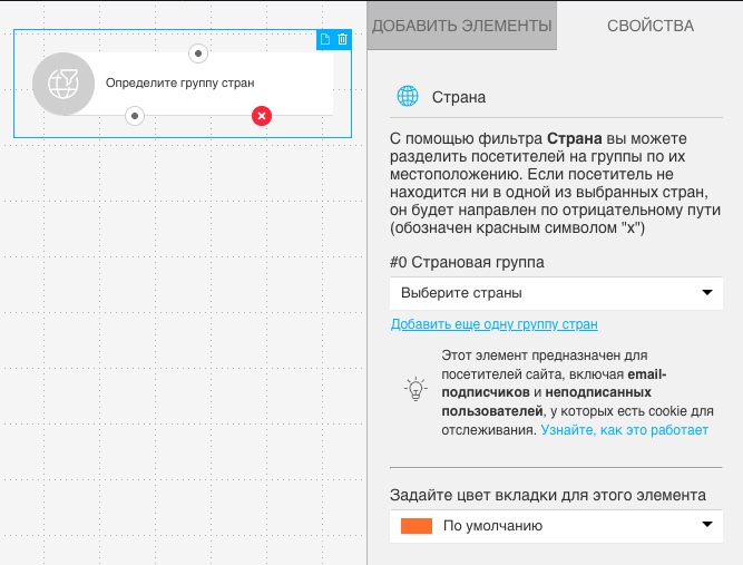 Свойства фильтра «Страна» в веб-канале