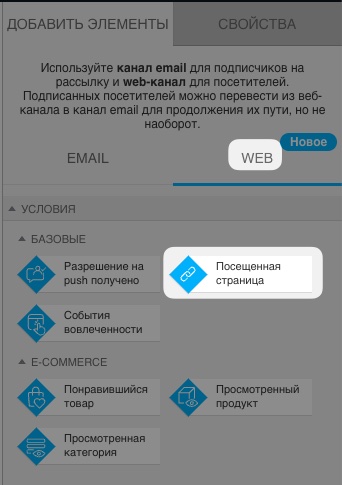 Раздел автоматизации веб-каналов с выбранным условием «Посещенный URL» в разделе основных веб-условий.