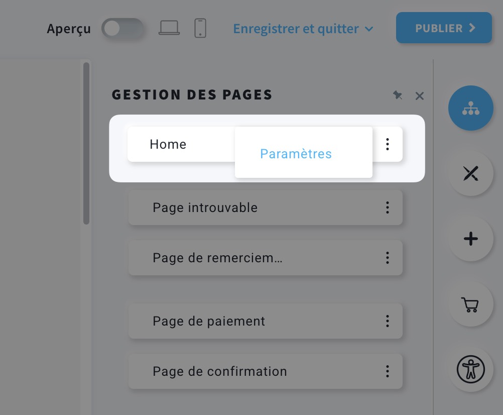 Accéder aux paramètres de la page dans l'éditeur de page de destination