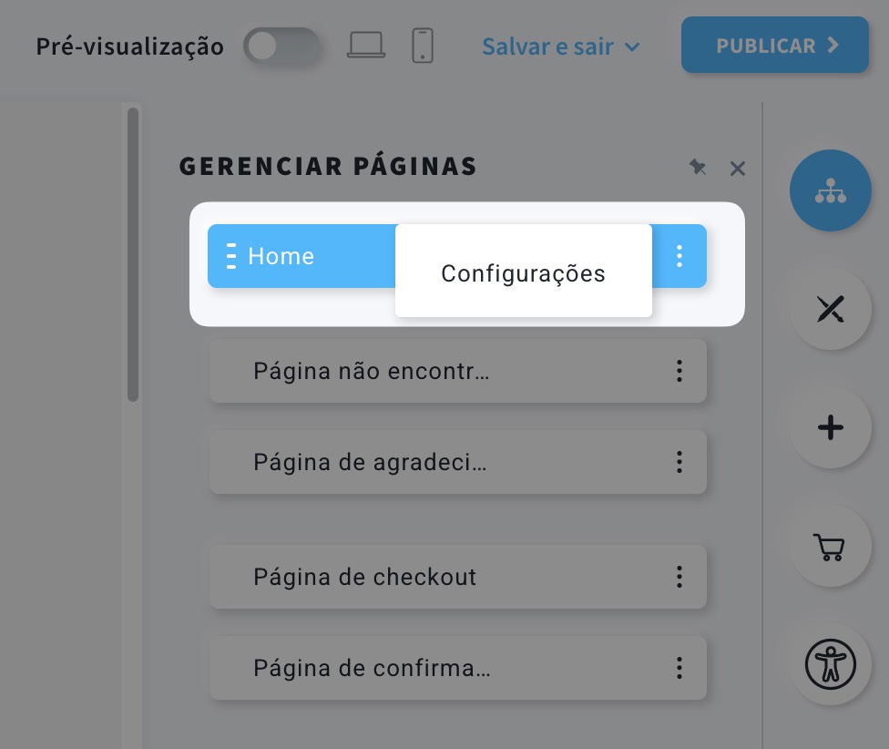 Aceder às definições da página no editor de Landing Pages