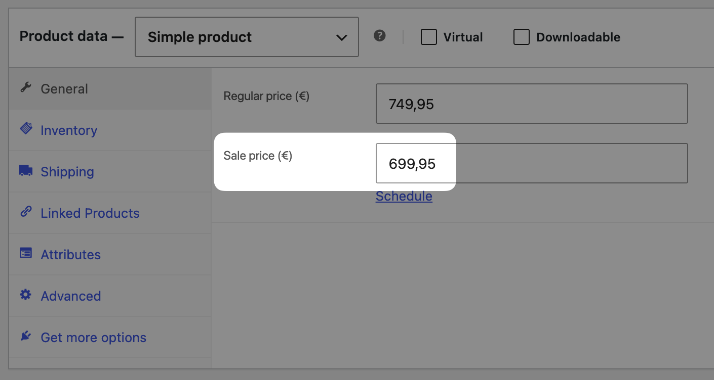Impostazione di un prezzo in saldo (prezzo scontato) in WooCommerce.