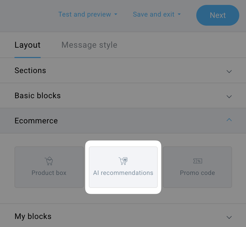 AI recommendations block selection