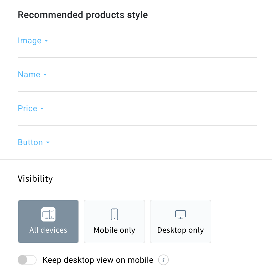 Recommended products style configuration within AI recommendations element