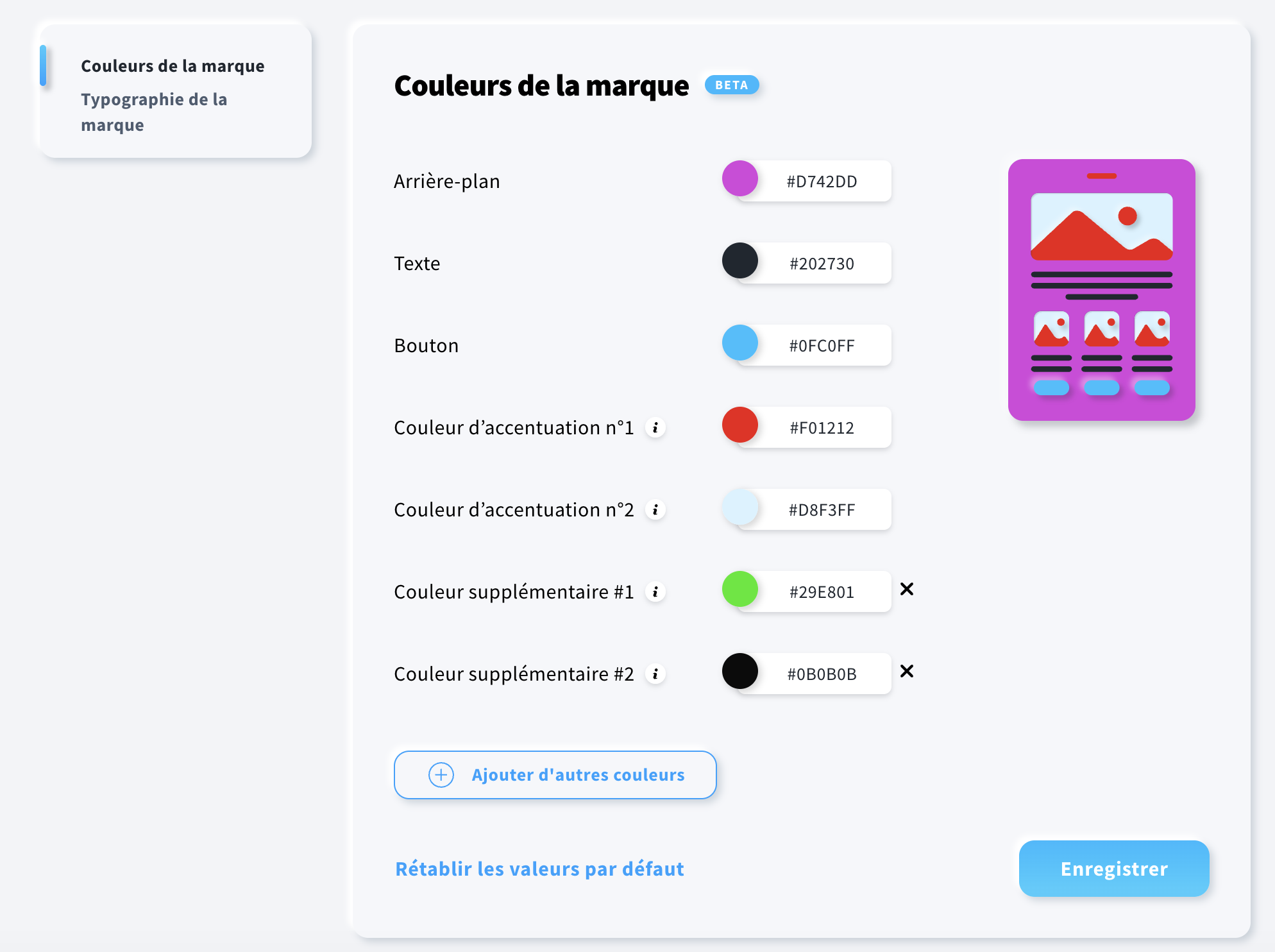 Onglet des couleurs de marque dans le Brand kit où l’utilisateur peut sélectionner les couleurs par défaut pour l’arrière-plan, le texte, les boutons, les accents, ainsi que des couleurs supplémentaires qui apparaîtront dans la palette.