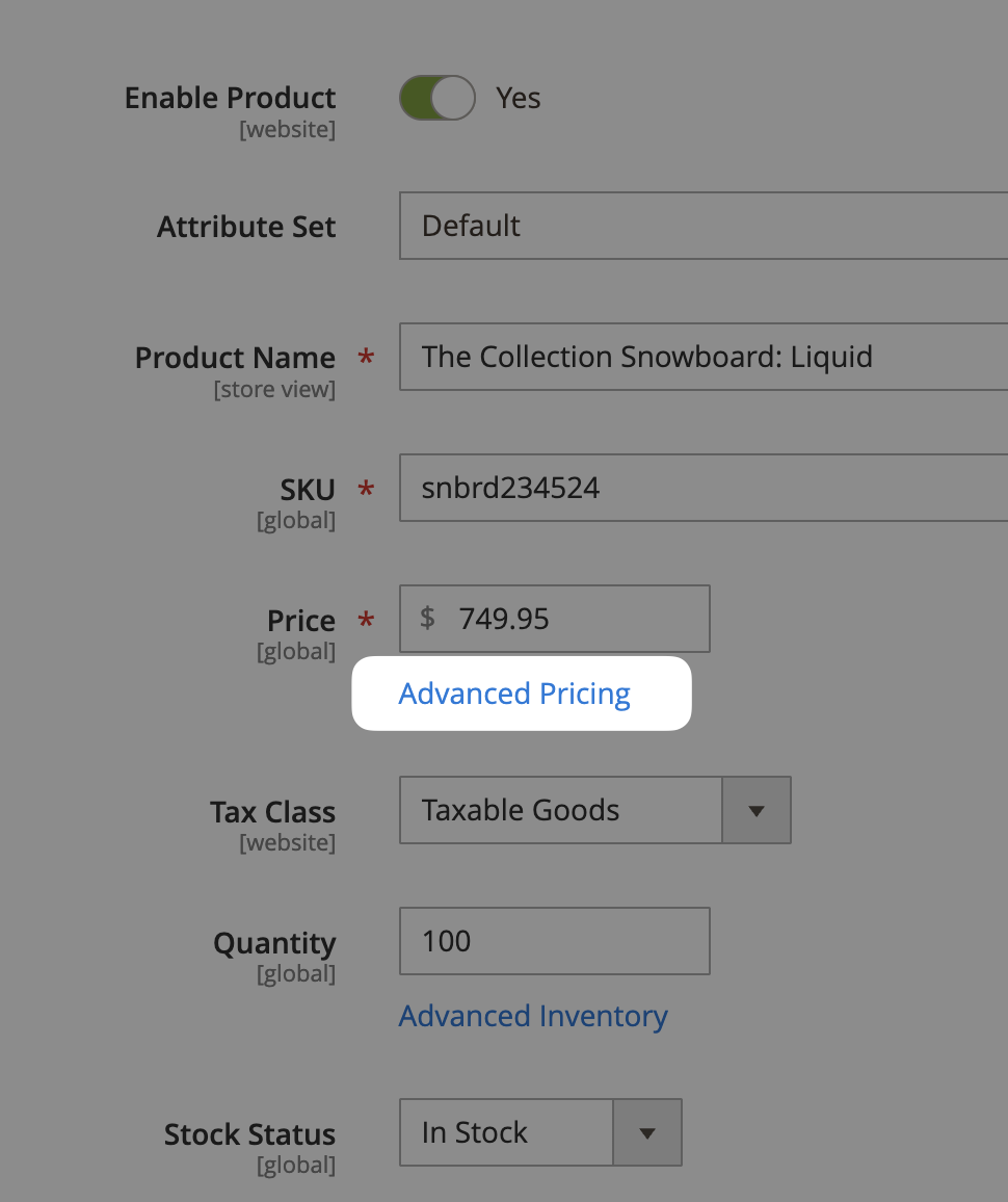 Опция Расширенное ценообразование в Magento.