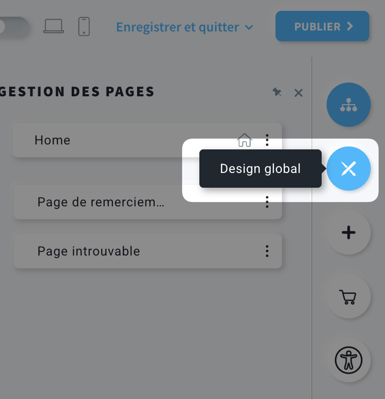 Section de design global dans l’éditeur de site web / landing page.