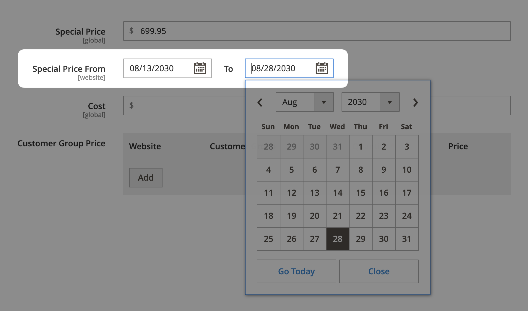 Настройка диапазона дат в Magento.