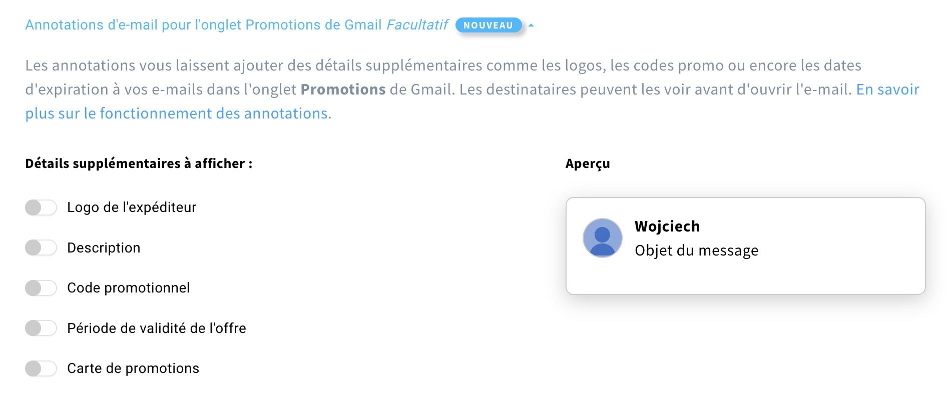 Options disponibles dans la section « Annotations par e-mail »