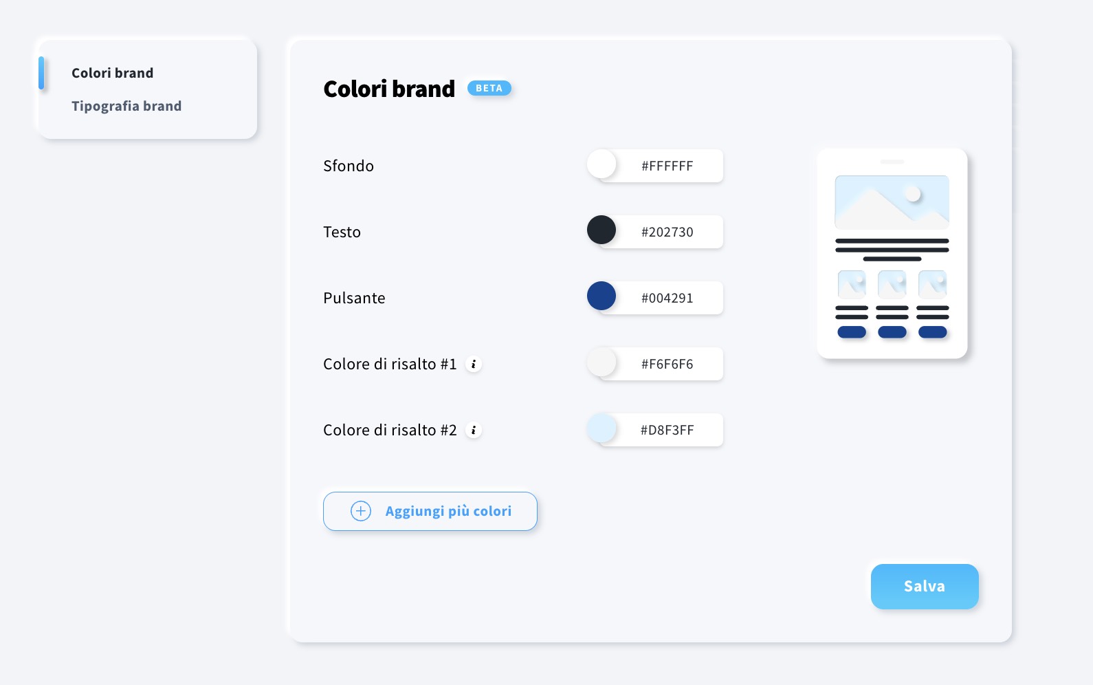 Scheda “Colori del marchio” nel Kit del marchio, dove l'utente può selezionare i colori predefiniti per sfondo, testo, pulsanti ed elementi di risalto, oltre a colori aggiuntivi che appariranno nella tavolozza.
