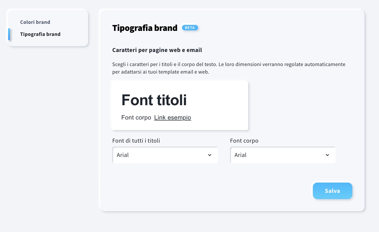 Sezione dedicata alla tipografia del marchio nel kit del marchio, in cui l'utente può selezionare i caratteri predefiniti del marchio per i titoli e il corpo del testo.