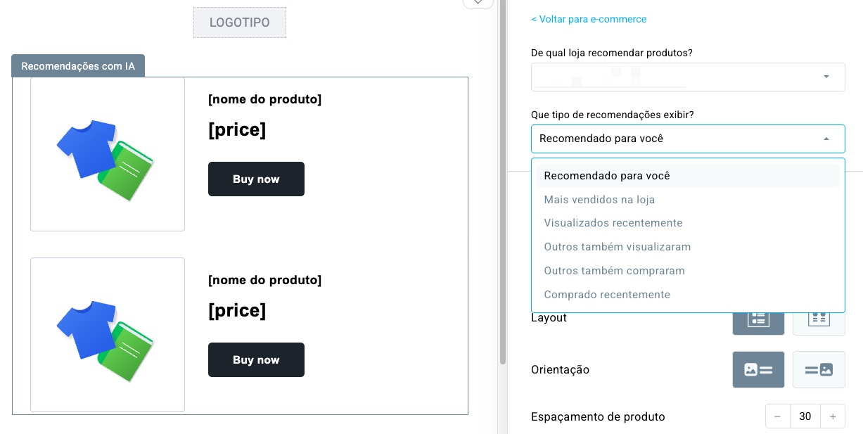 Seleção do modelo de armazenamento e recomendações no elemento de recomendações de IA