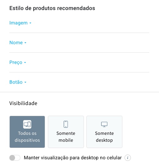 Configuração de estilo de produtos recomendados dentro do elemento de recomendações de IA