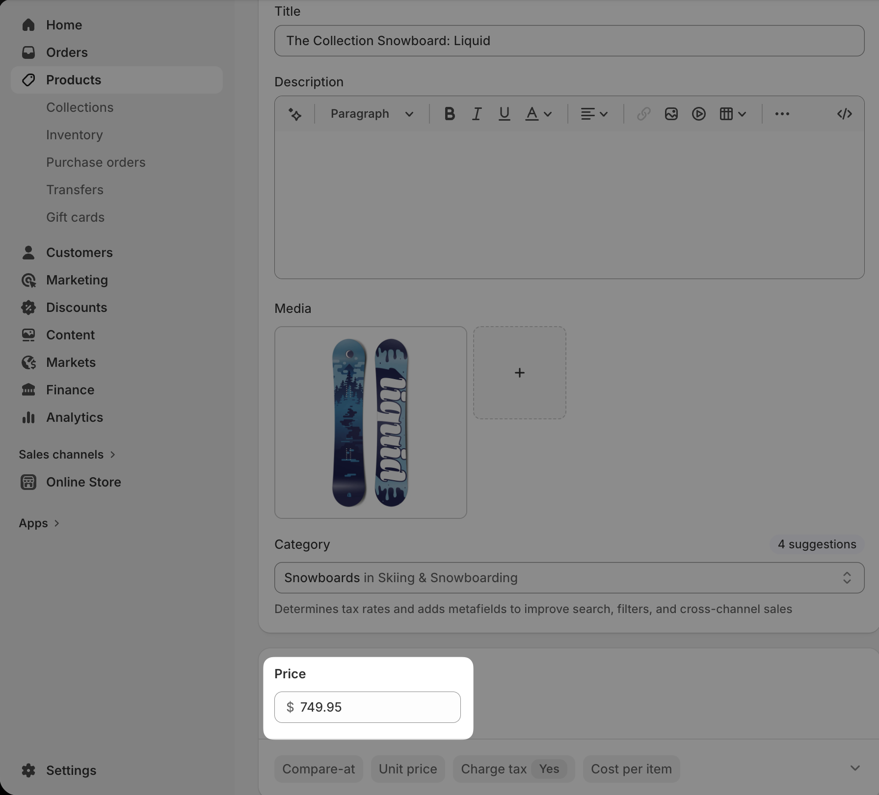 Image showing where the product's price is set in Shopify.