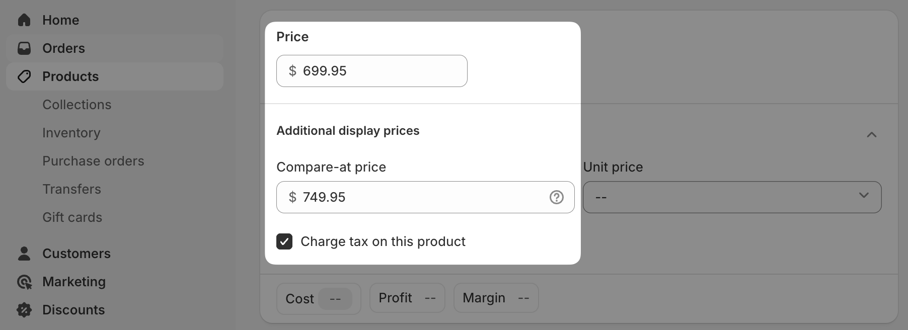 Image showing where to set the Compare-at price in Shopify.