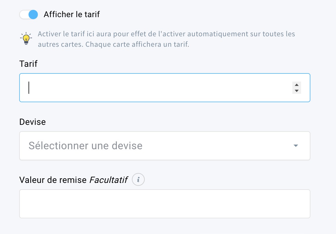 Les options disponibles lorsque vous choisissez d'afficher le prix du produit