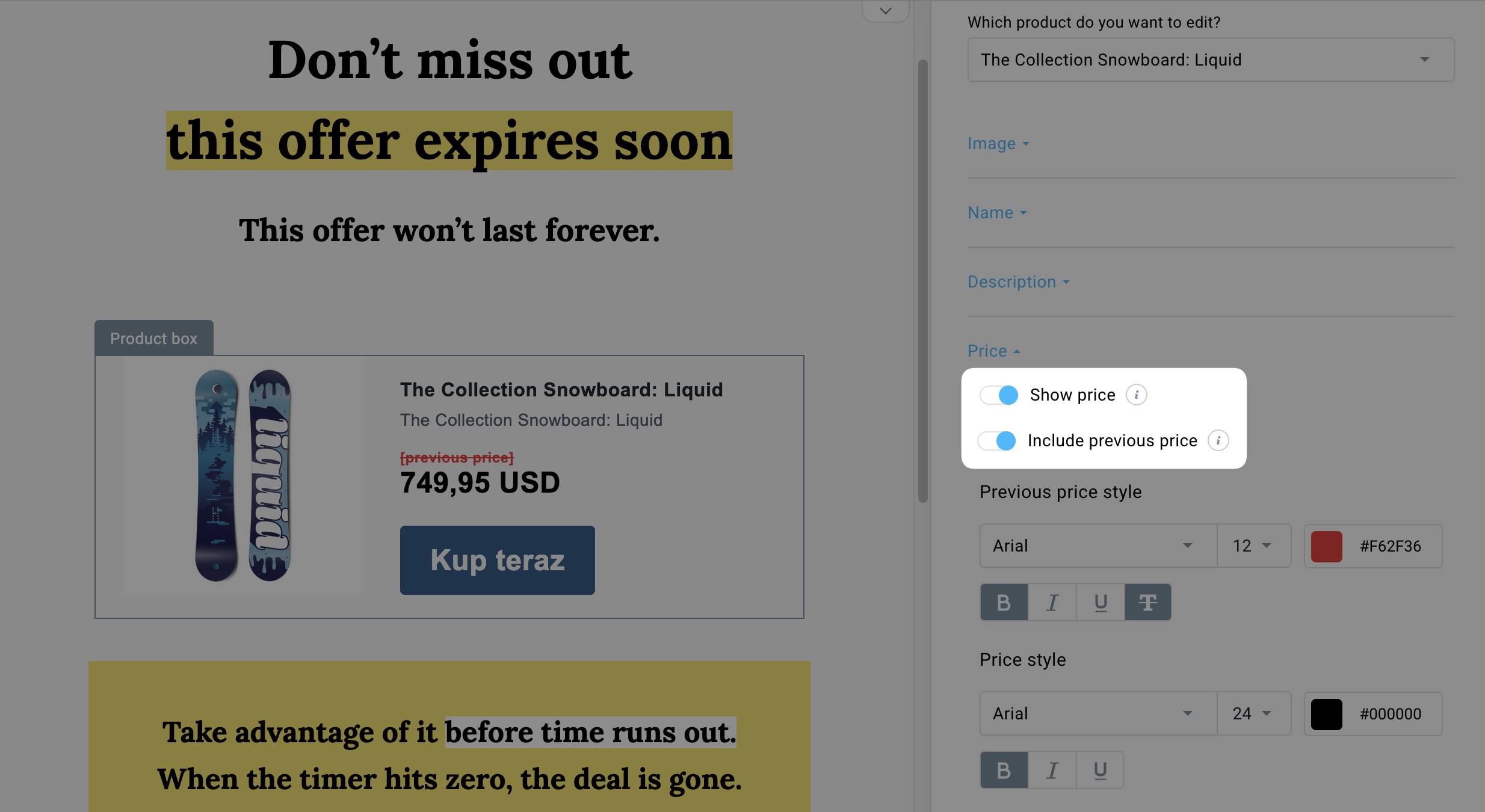 Show price and Include previous price toggles in the message editor in GetResponse.