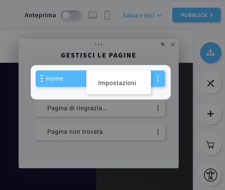 Accedere alle impostazioni della pagina nell'editor della landing page