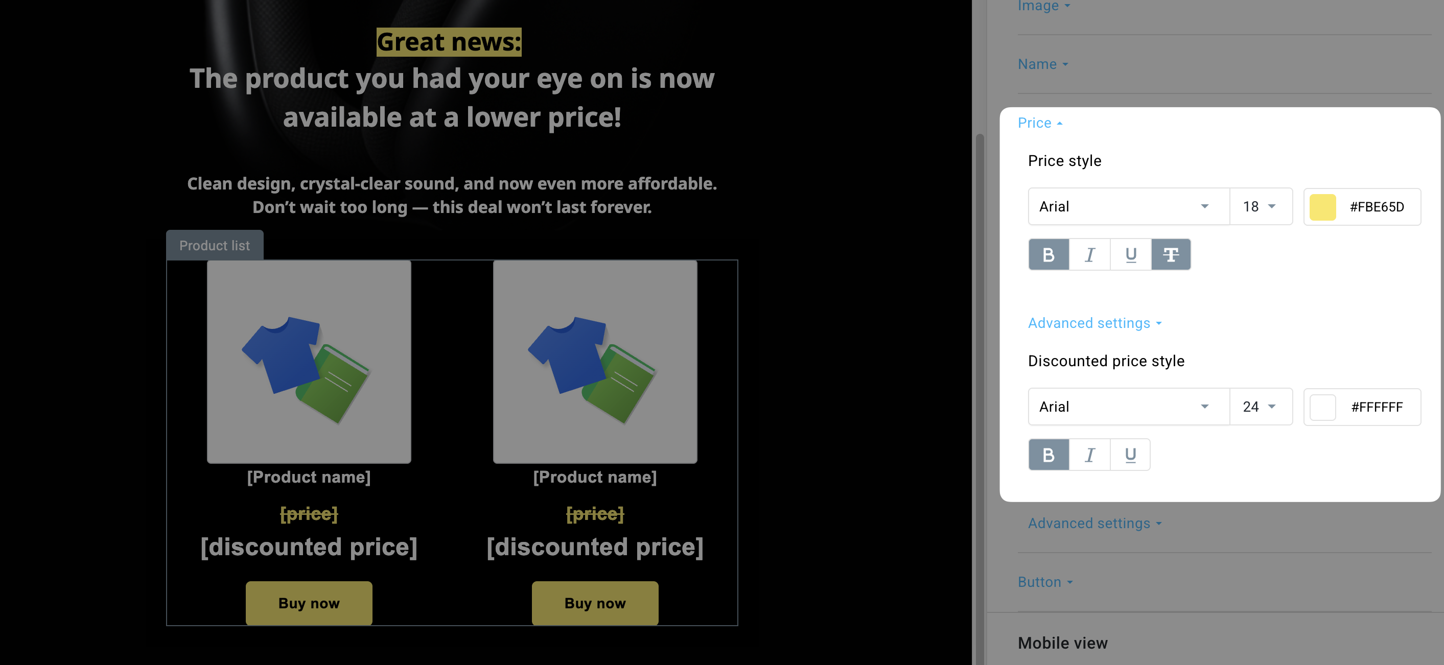 Show price and Include previous price toggles in the editor of Ecommerce Campaigns in GetResponse.